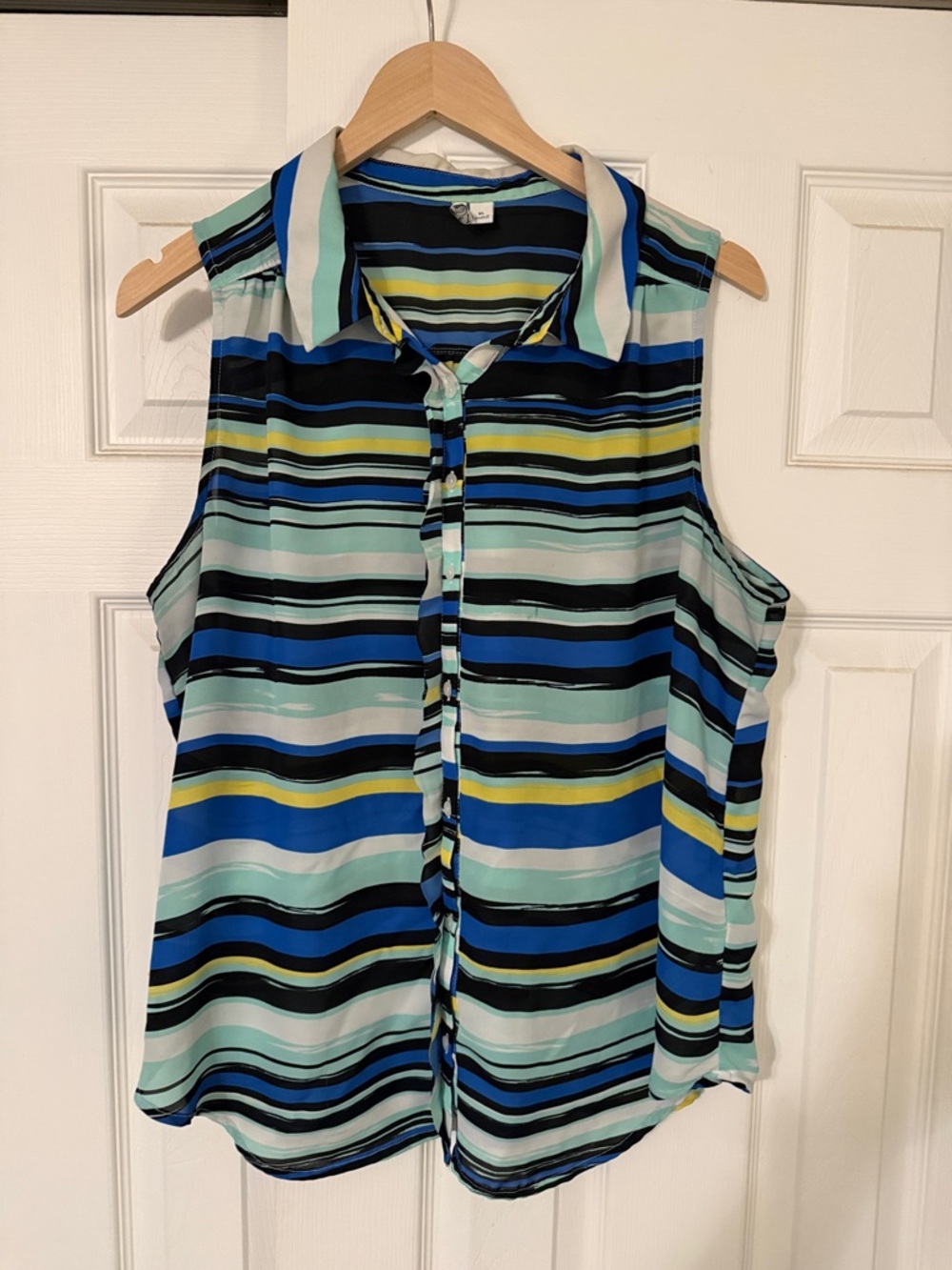 Elle Sleeveless Striped Button-Up Blouse in Blue, Mint and Yellow